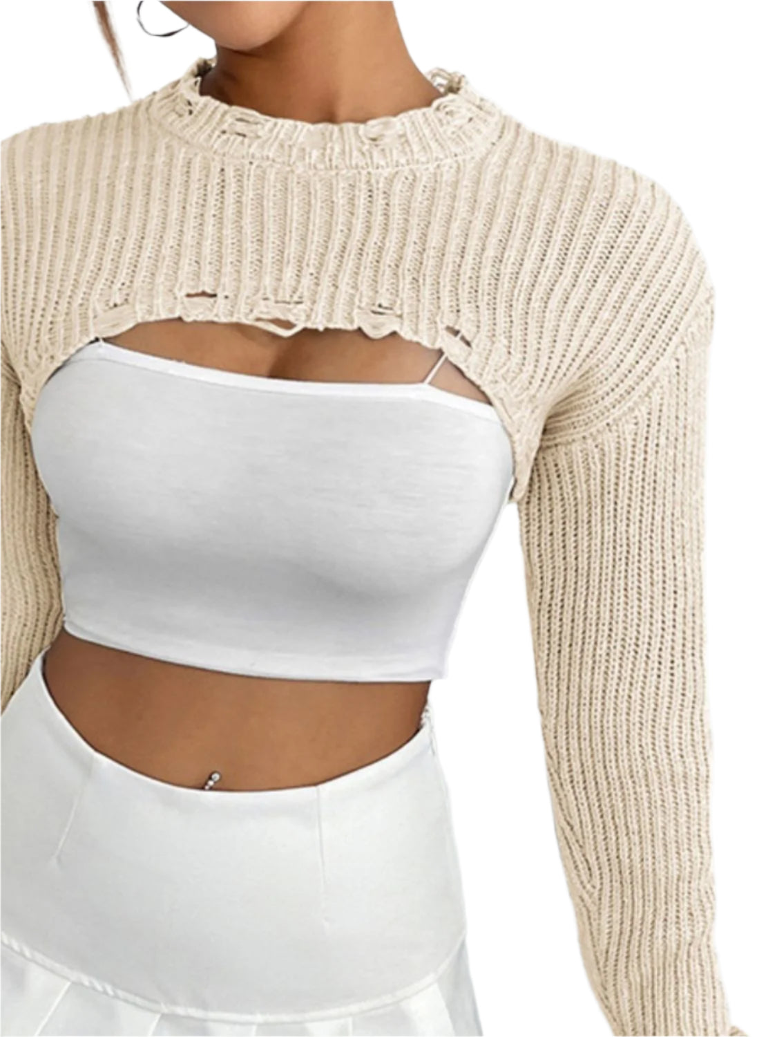 Distressed Long Sleeve Cropped Sweater