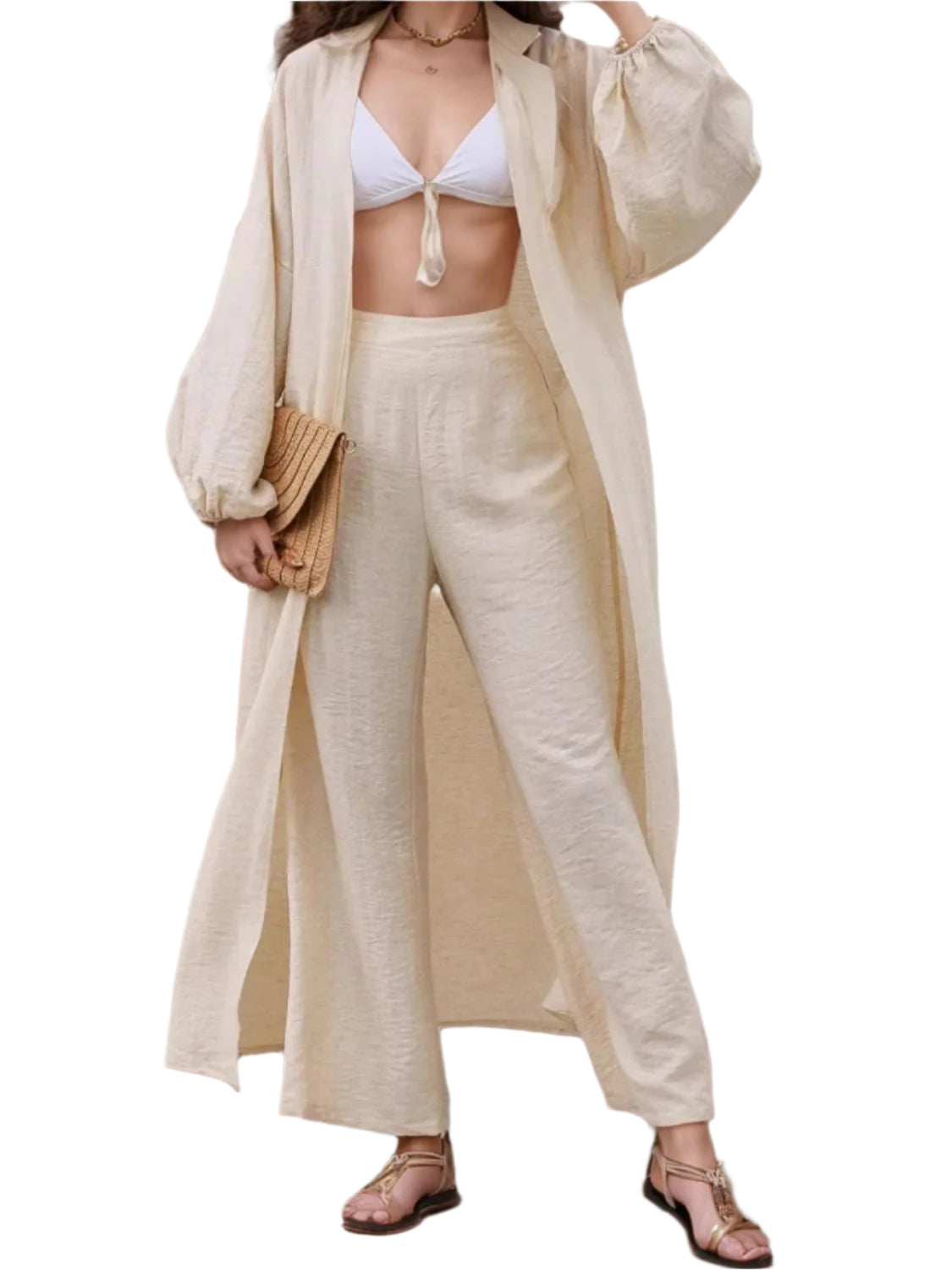Open Front Balloon Sleeve Cardigan and Pants Set