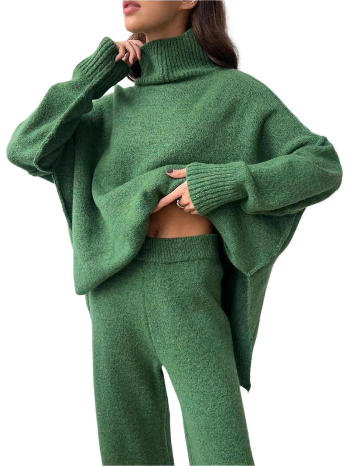 Slit Turtleneck Long Sleeve Top and Pants Sweater Set