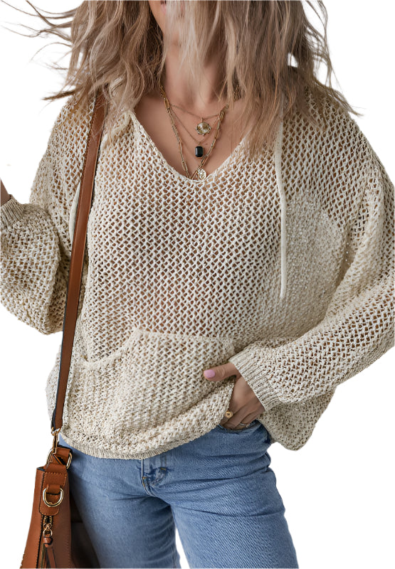 Openwork Dropped Shoulder Hooded Knit Top