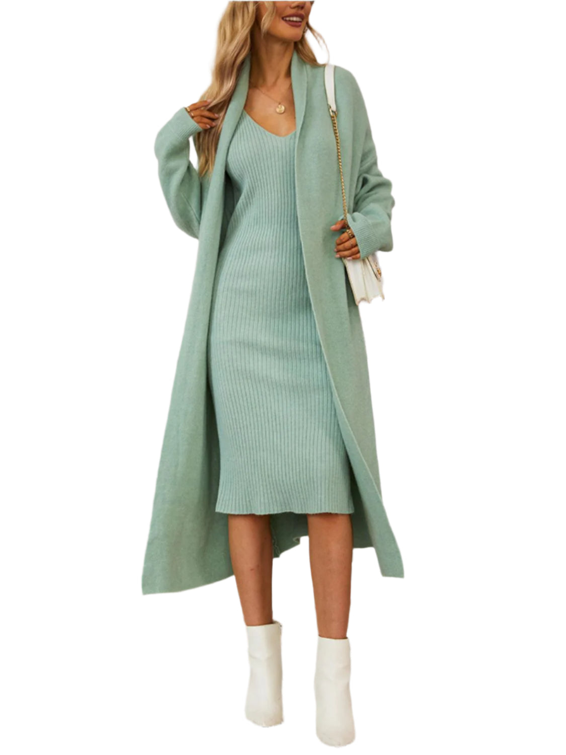 V-Neck Cami Dress and Open Front Cardigan Sweater Set