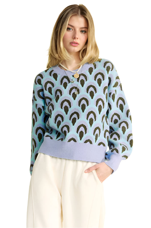 Davi & Dani Scale Jacquard Round Neck Drop Shoulder Sweater