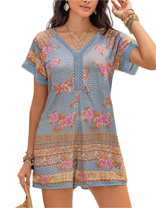 Printed V-Neck Short Sleeve Romper