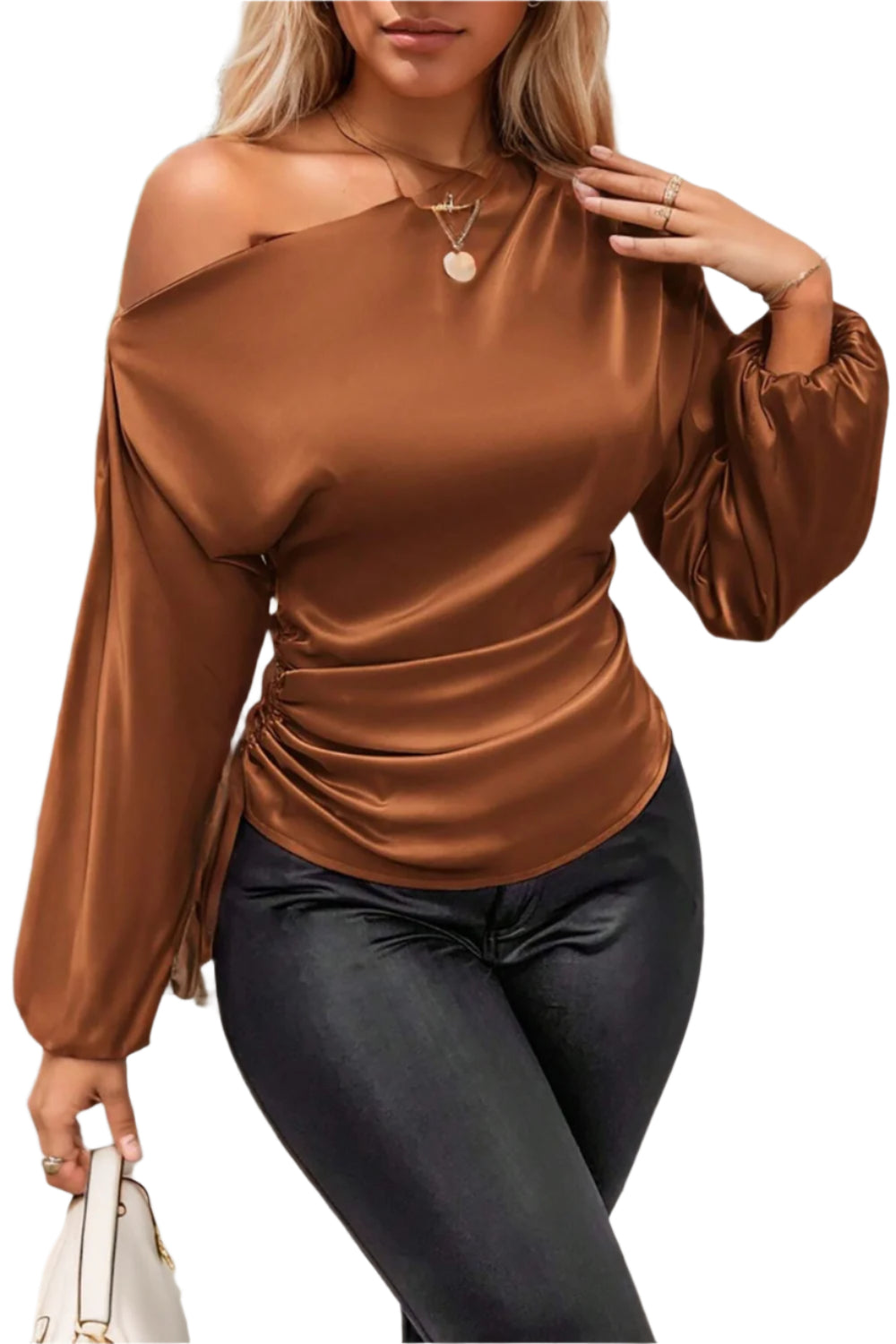 Drawstring One Shoulder Long Sleeve Blouse
