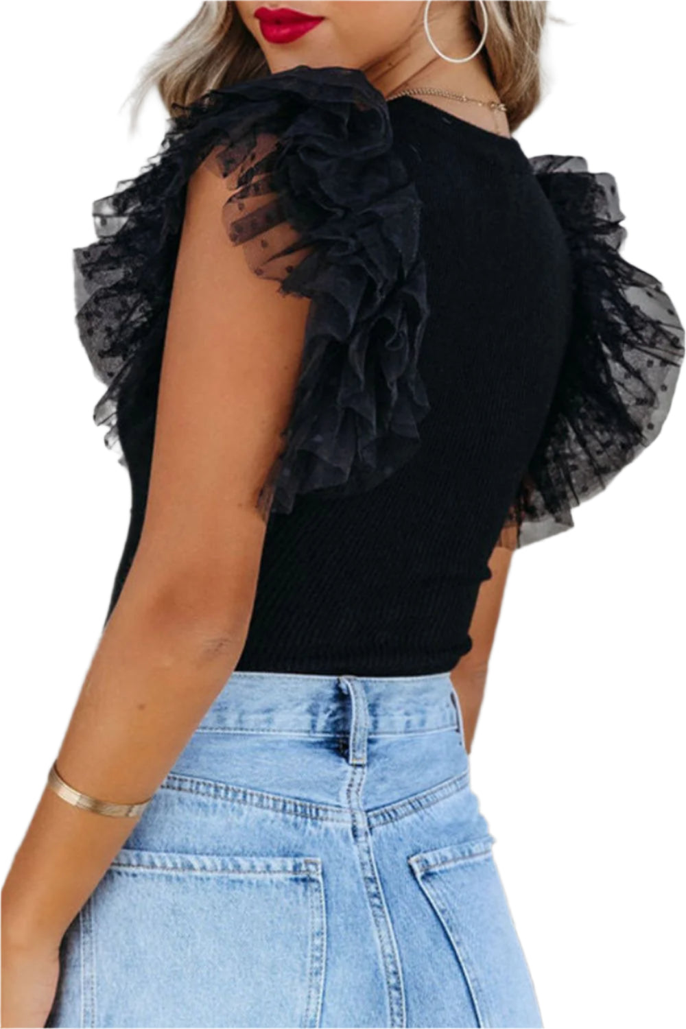 Ruffled Round Neck Cap Sleeve Blouse