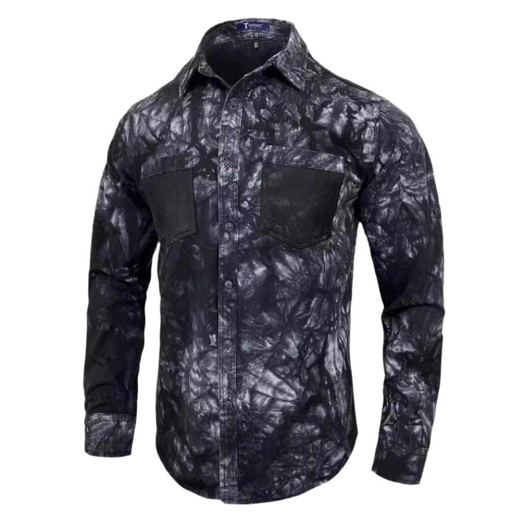 Denim Long Sleeve Collard Mesh Pocket Button Down Shirt
