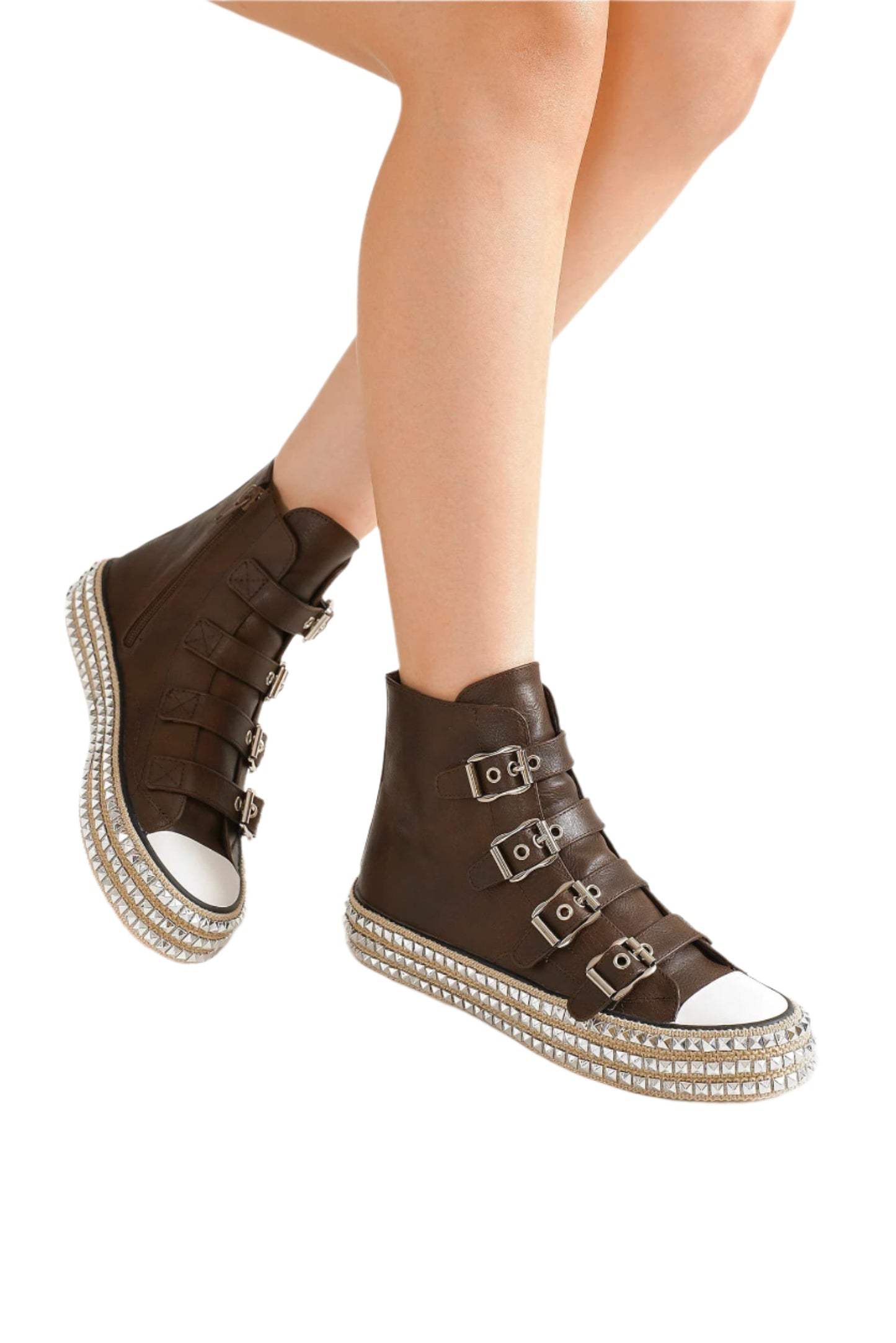 Beast Fashion Multi-Buckle Straps Studded Platform Sneakers