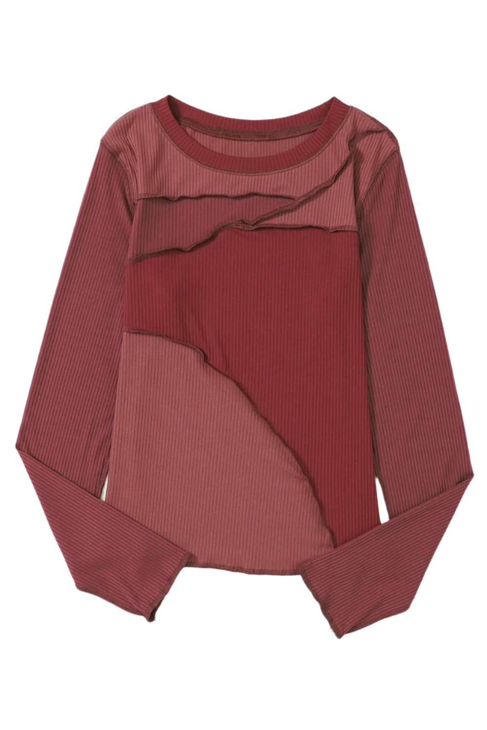 Exposed Seam Contrast Round Neck Long Sleeve T-Shirt