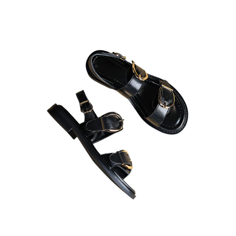 Big Buckle Ankle-Strap Cowhide Leather Sandals