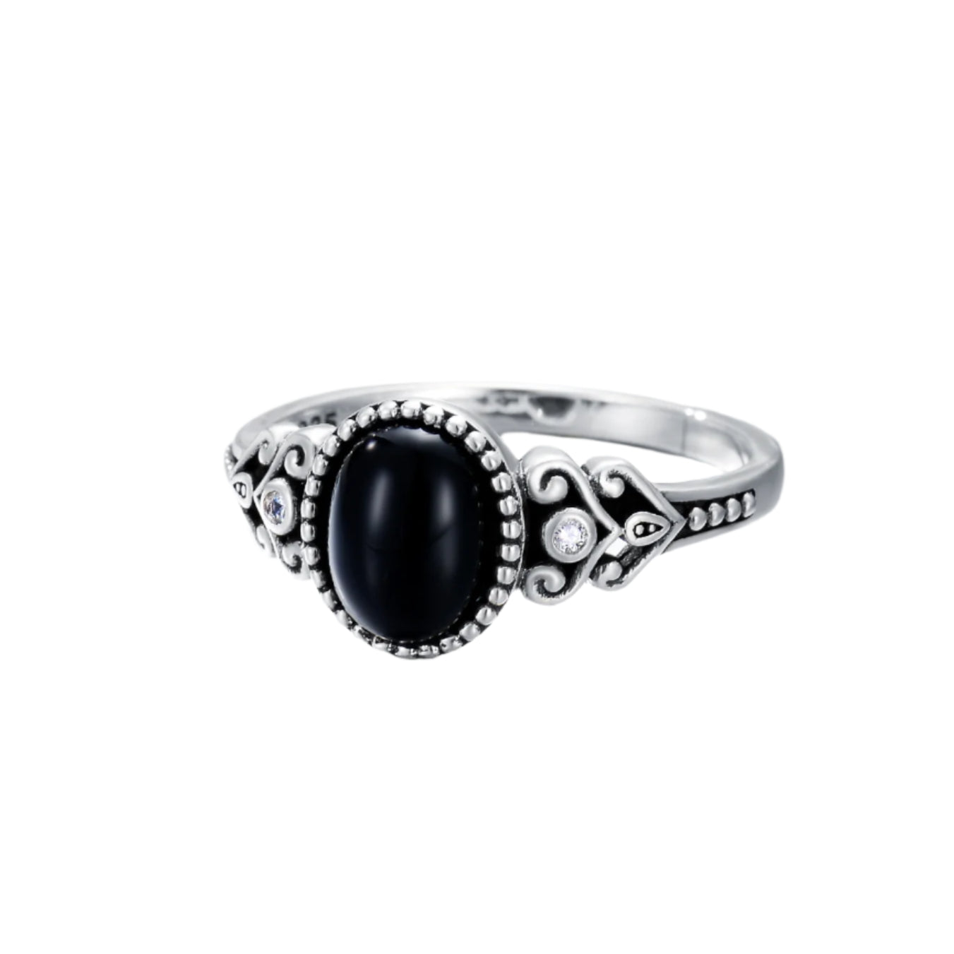 925 Sterling Silver Oxidized Black Onyx Crystal Ring