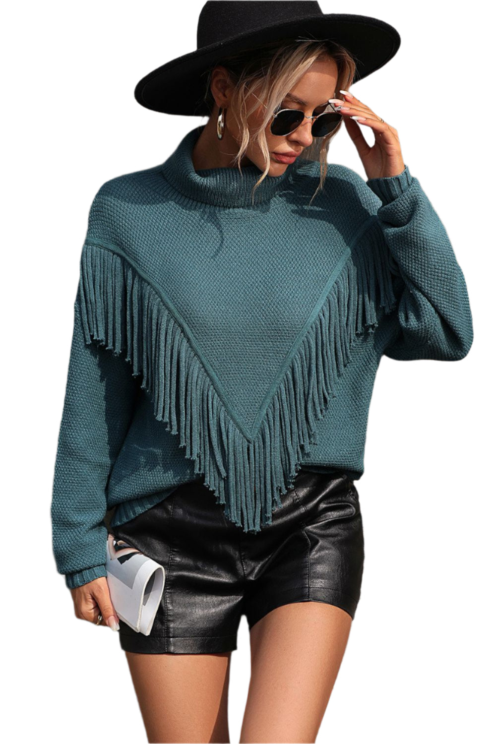 Turtle Neck Tassel Front Long Sleeve Pullover Sweater