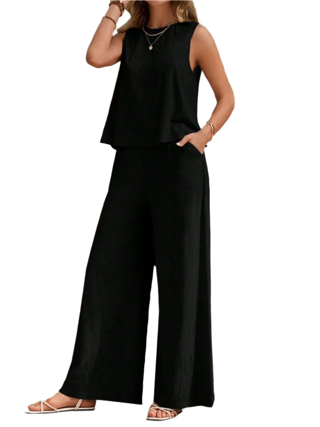Round Neck Sleeveless Top and Wide Leg Pants Set