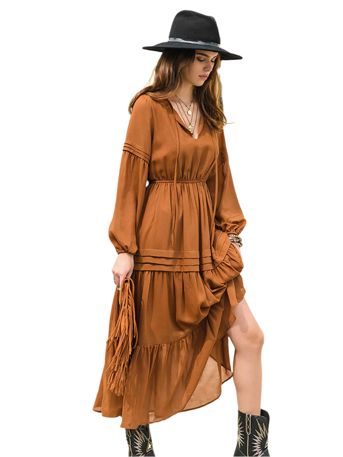 Tie Neck Long Sleeve Midi Tiered Dress