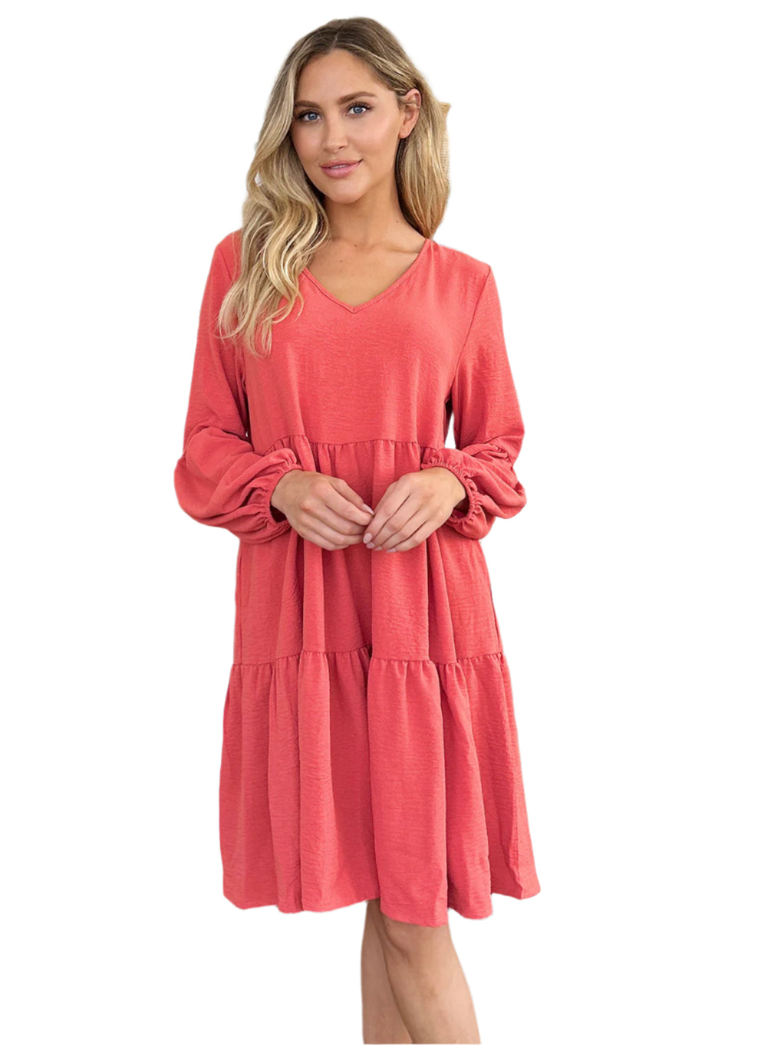 Double Take Full Size V-Neck Balloon Sleeve Tiered Dress with Pockets