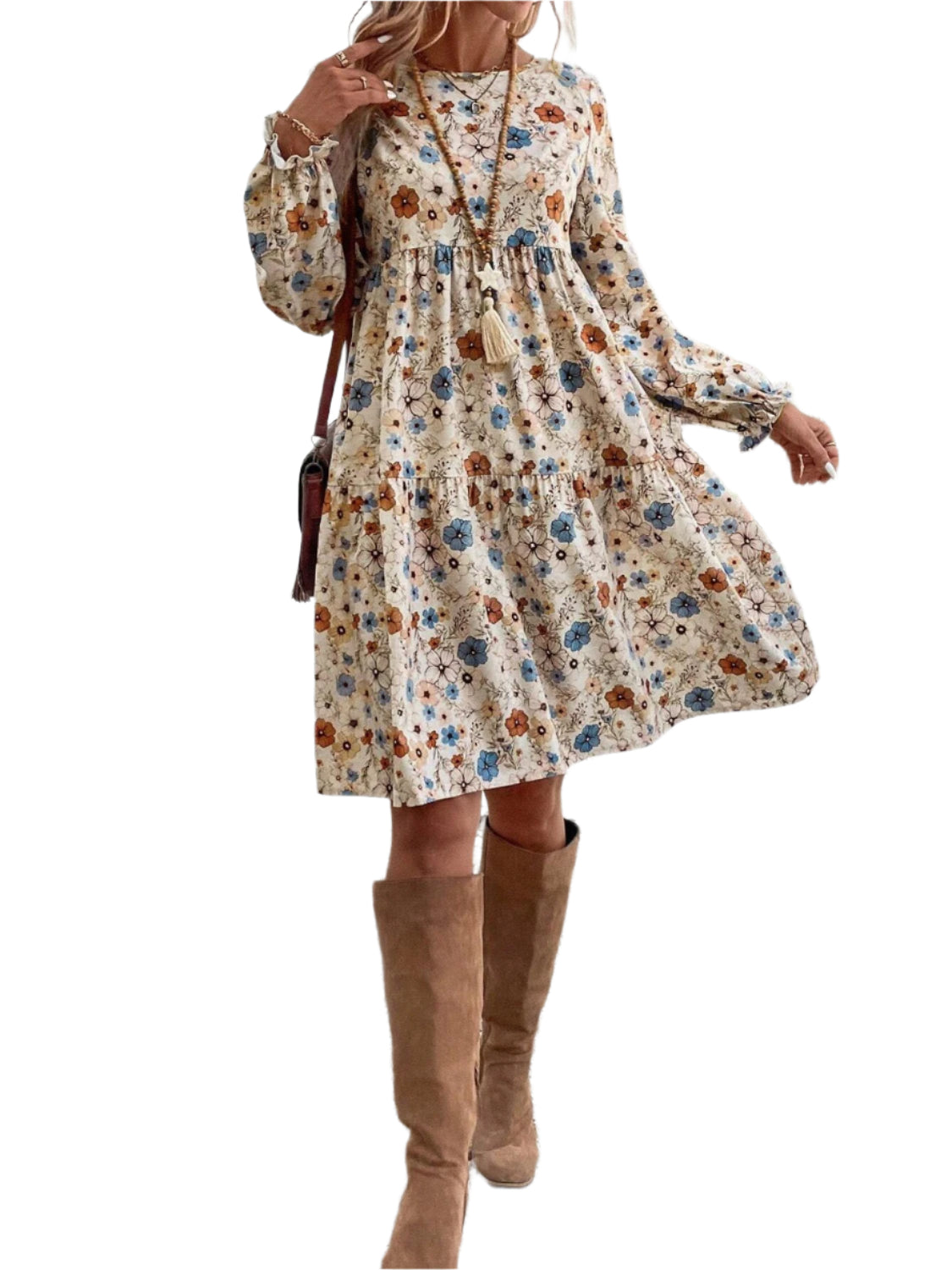 Tiered Floral Round Neck Long Sleeve Dress