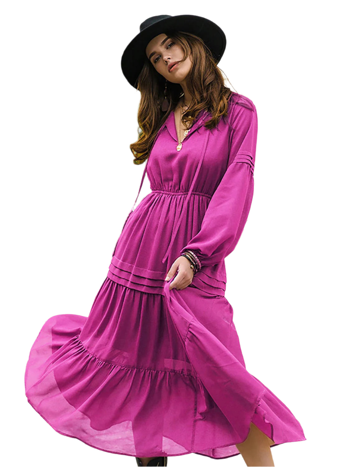Tie Neck Long Sleeve Midi Tiered Dress