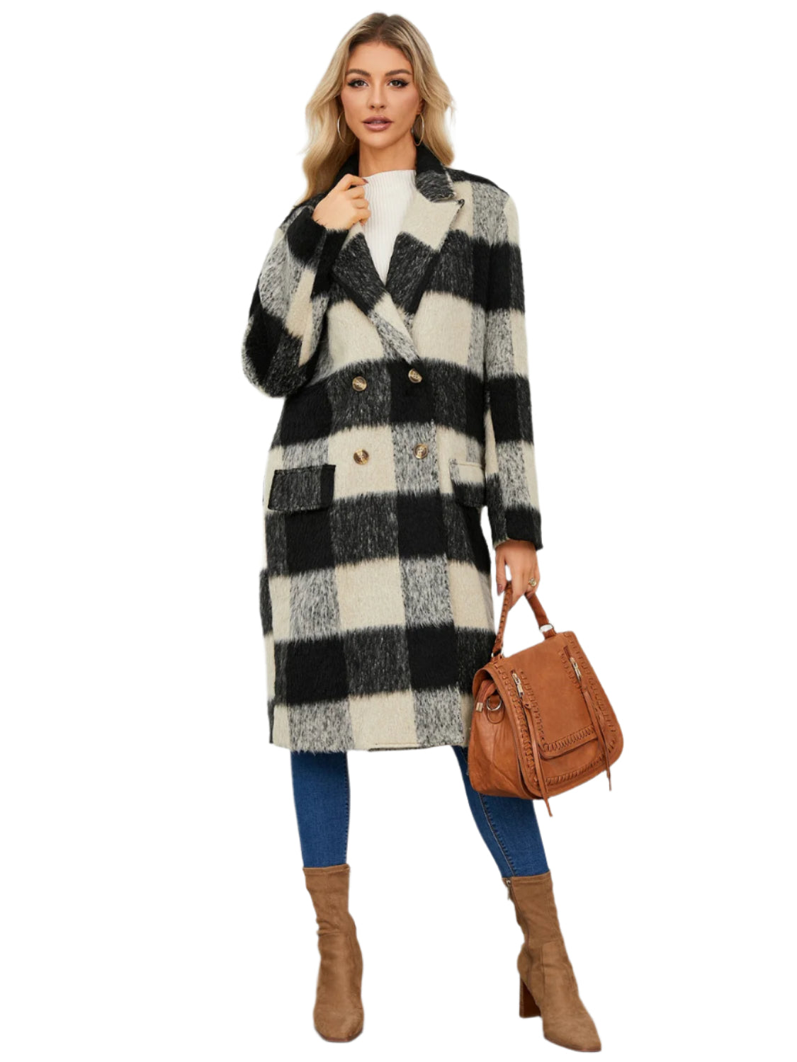 Plaid Double-Breasted Long Sleeve Coat