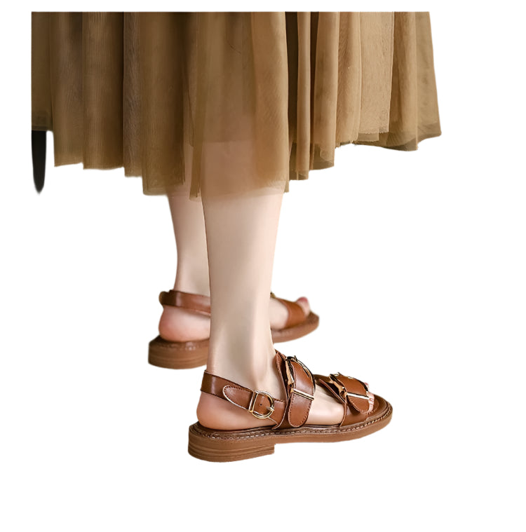 Big Buckle Ankle-Strap Cowhide Leather Sandals