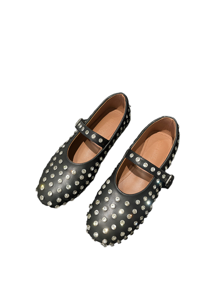 Sheepskin Round Toe Rhinestone Mary Jane Flats