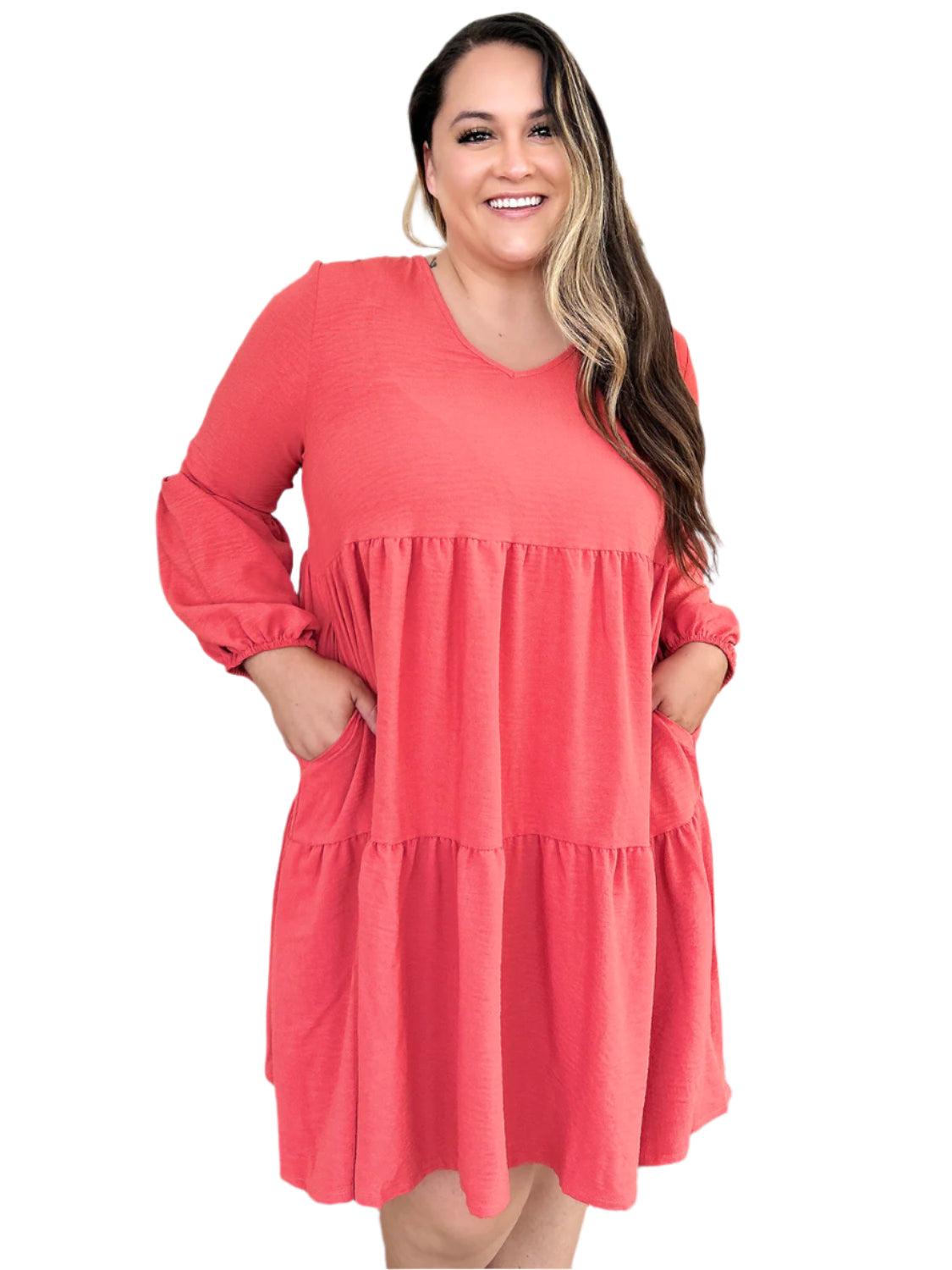 Double Take Full Size V-Neck Balloon Sleeve Tiered Dress with Pockets