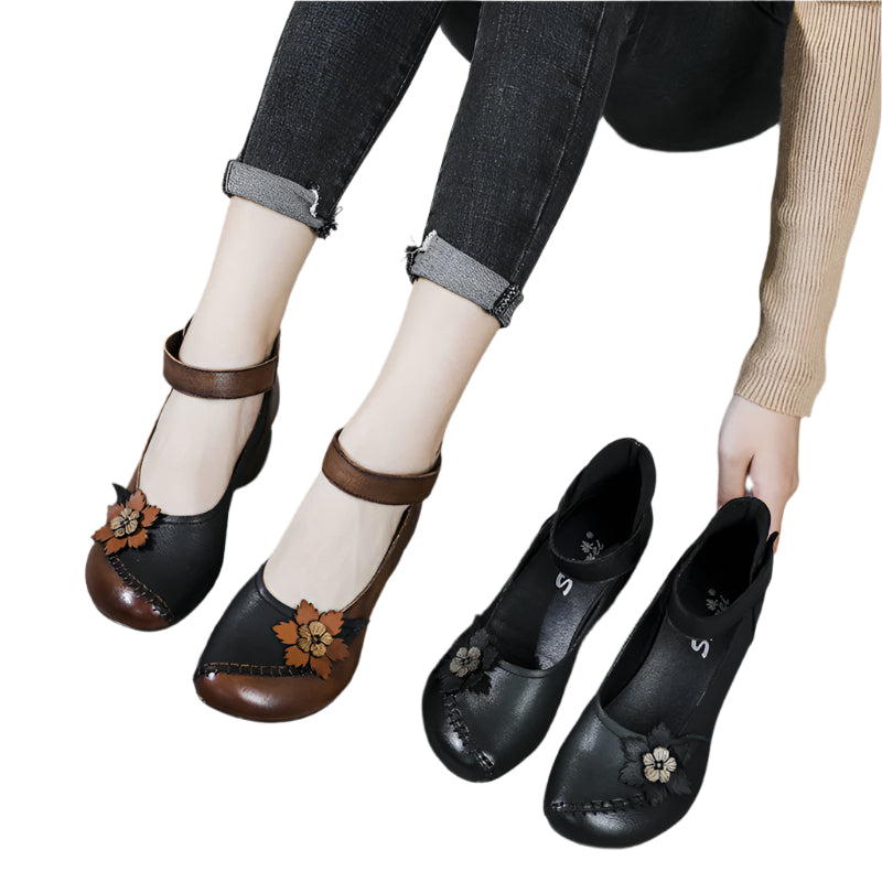 Floral Motif Cowhide Leather Velcro Heel