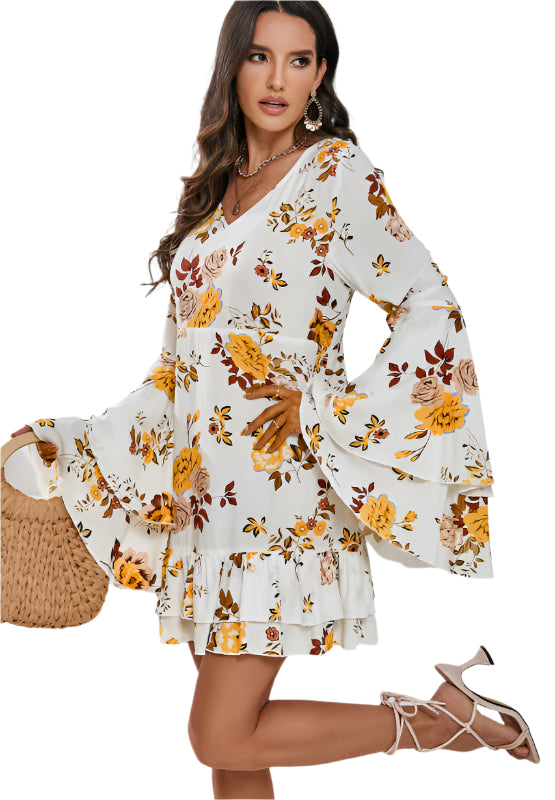 Printed V-Neck Flare Sleeve Mini Dress