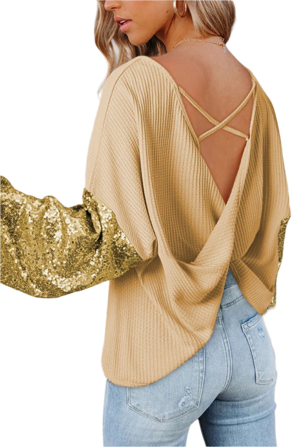 Sequin Waffle-Knit Blouse