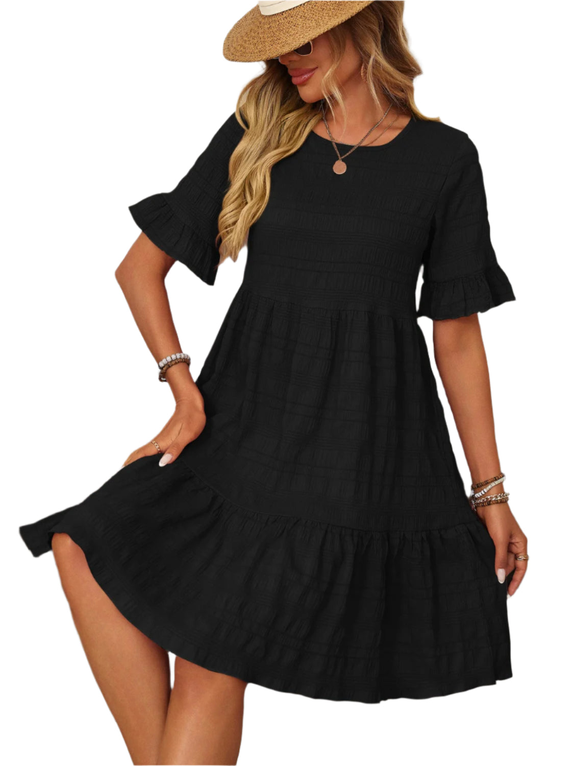 Mandy Ruffled Ruched Round Neck Half Sleeve Dress