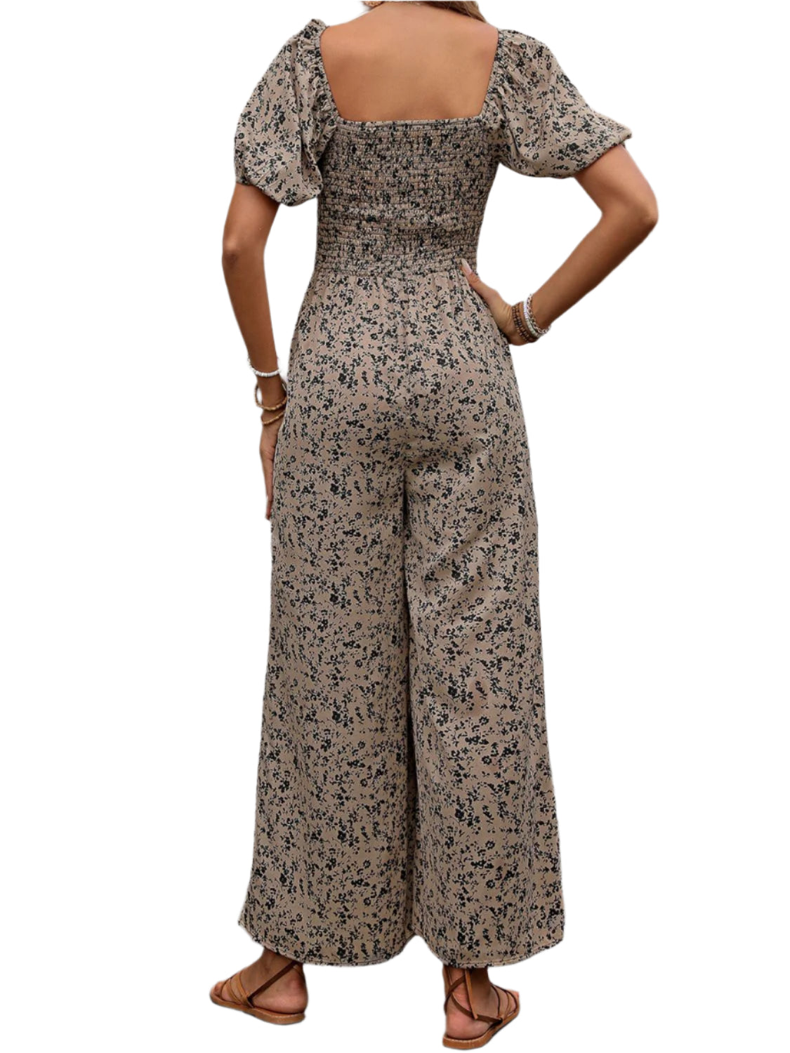 Perfee Smocked Printed Square Neck Puff Sleeve Jumpsuit
