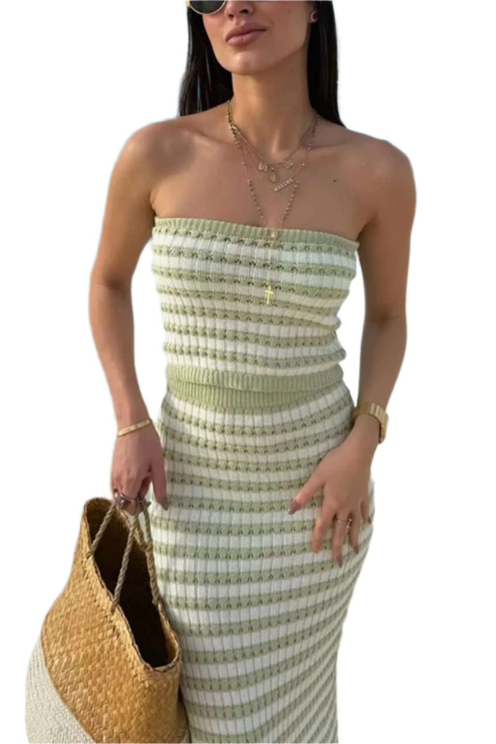 Contrast Striped Tube Top and Skirt Sweater Set