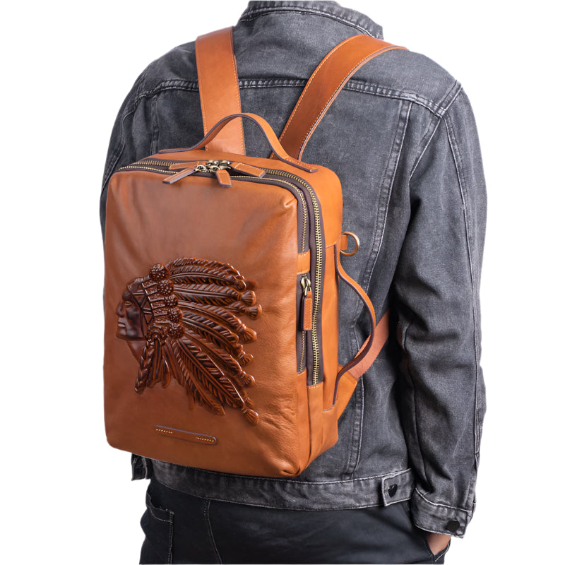 Men's Native American Embossed Cowhide Leather Backpack