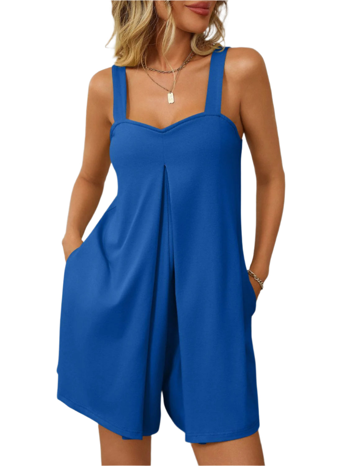 Mandy Sweetheart Neck Wide Strap Romper with Pockets