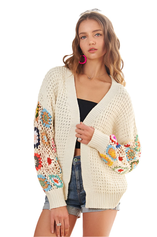 ADORA Plus Size Contrast Crochet Open Front Long Sleeve Cardigan