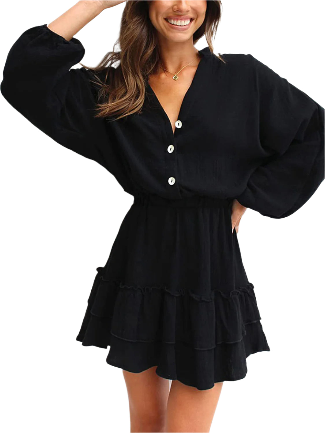 Ruffled Notched Balloon Sleeve Mini Dress