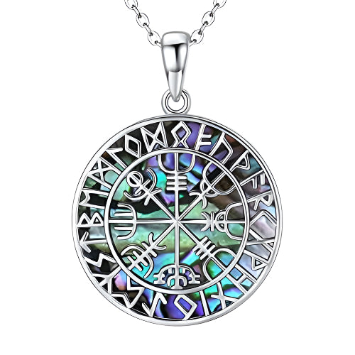 925 Sterling Silver Abalone Shell Vegvísir Pendant with Norse Elder Futhark Runes Necklace