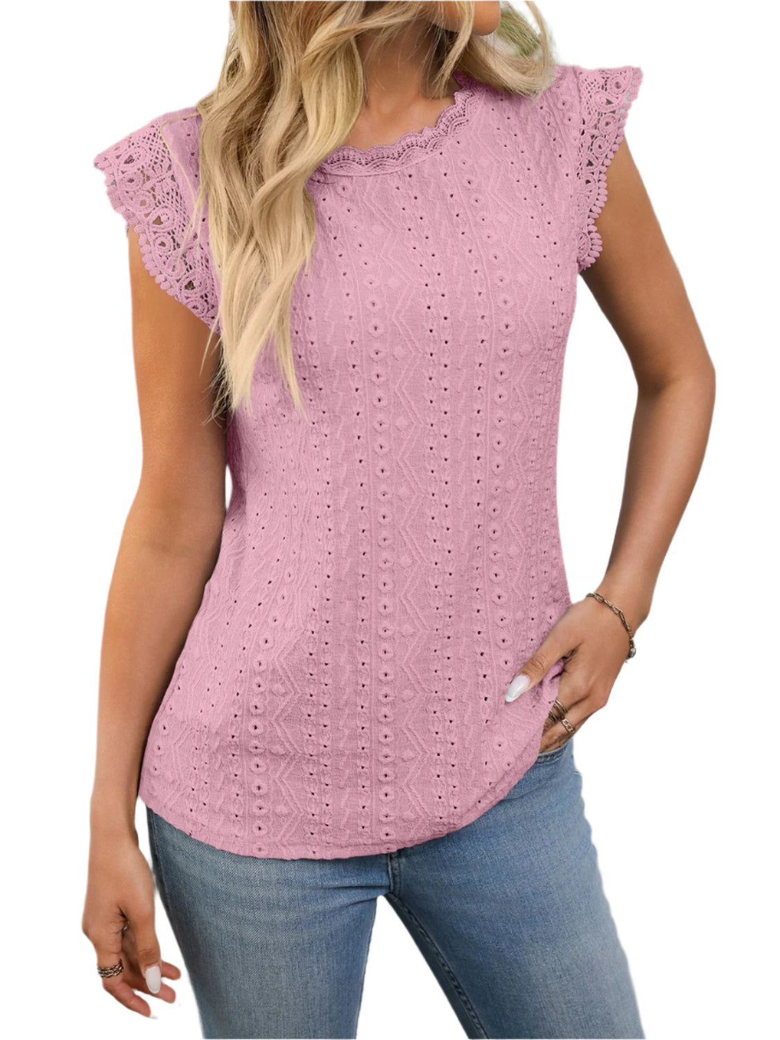 Lace Detail Round Neck Cap Sleeve Top
