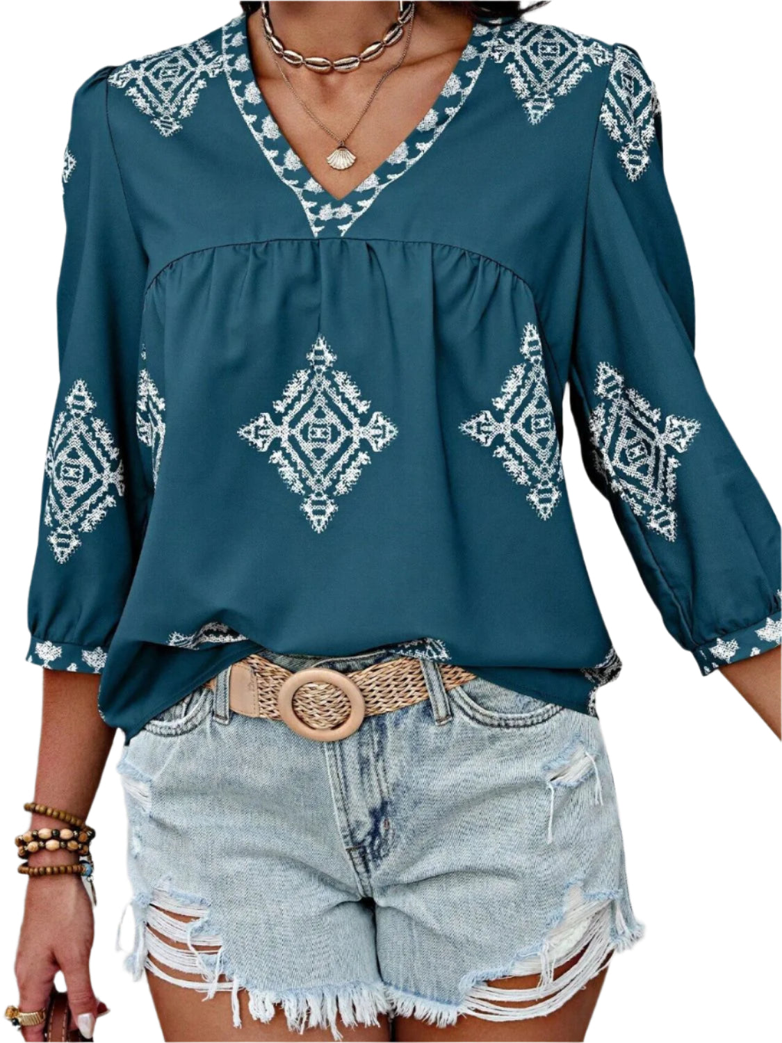 Printed V-Neck Three-Quarter Sleeve Blouse