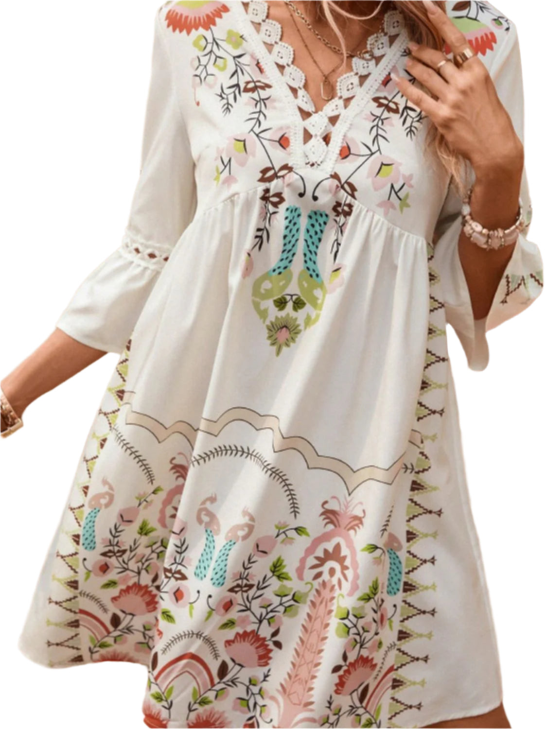 Lace Detail Printed Three-Quarter Sleeve Dress