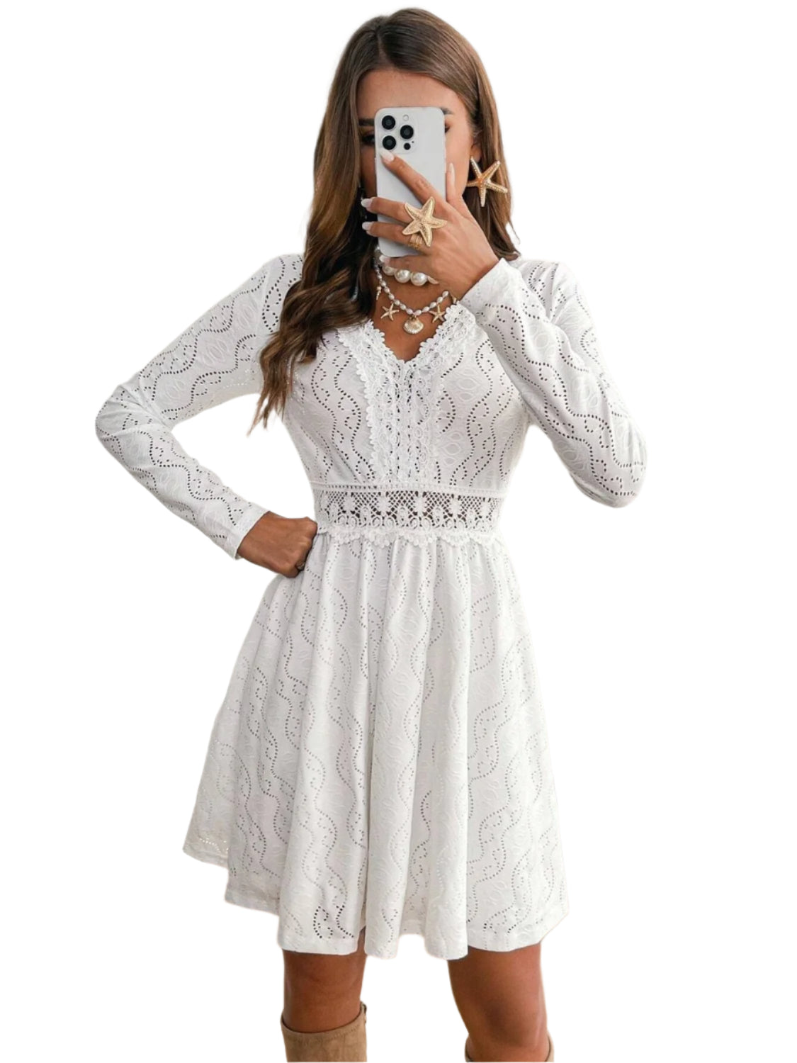 Lace Detail V Neck Long Sleeve Mini Dress