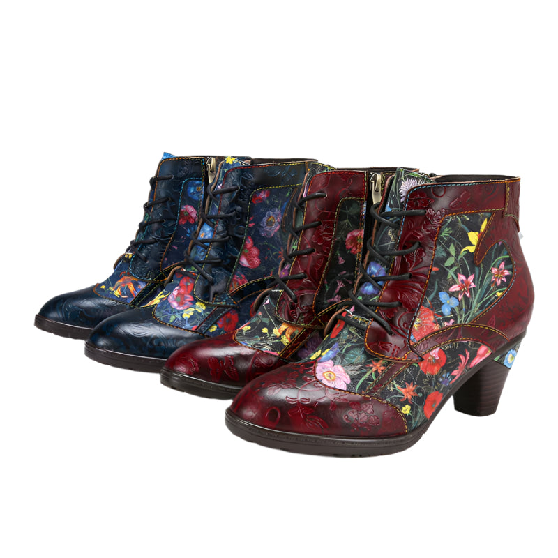 Cowhide Side Zipper Floral High Heel Ankle Boots