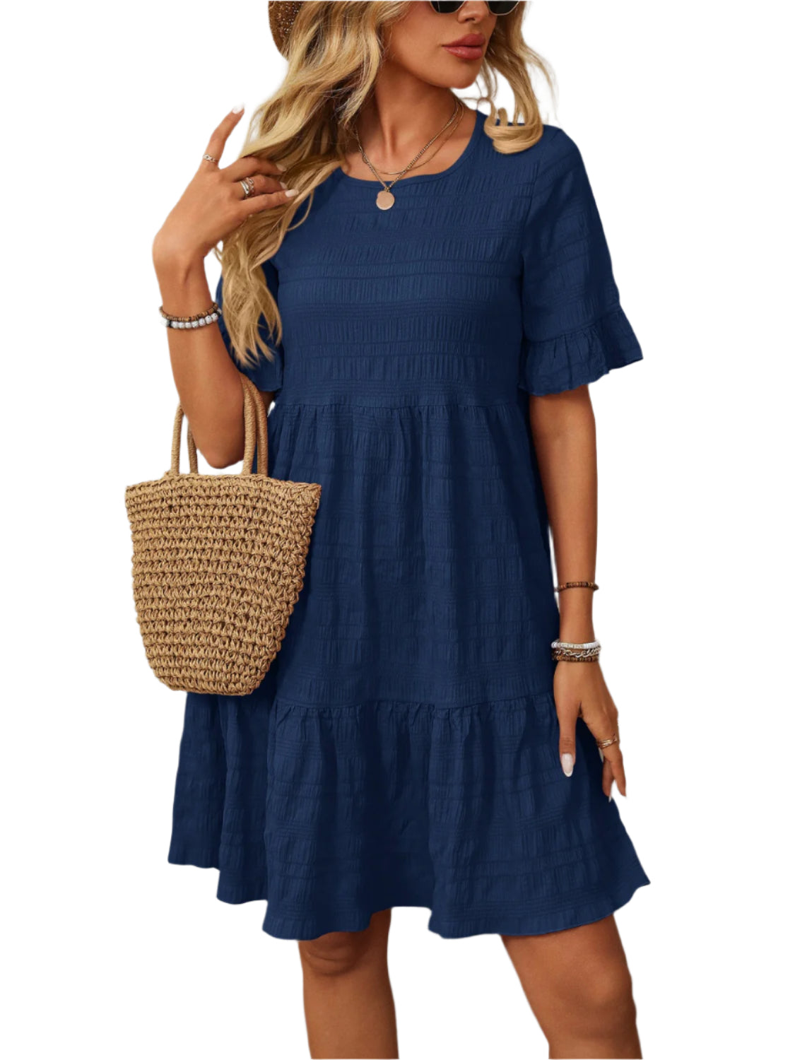Mandy Ruffled Ruched Round Neck Half Sleeve Dress