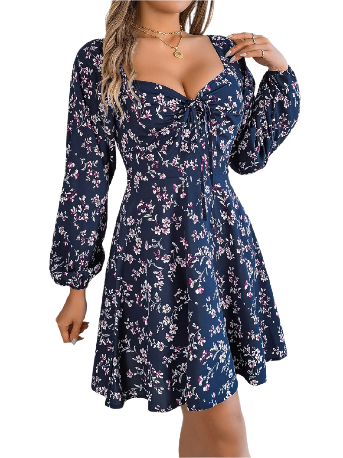 Printed Sweetheart Neck Balloon Sleeve Mini Dress