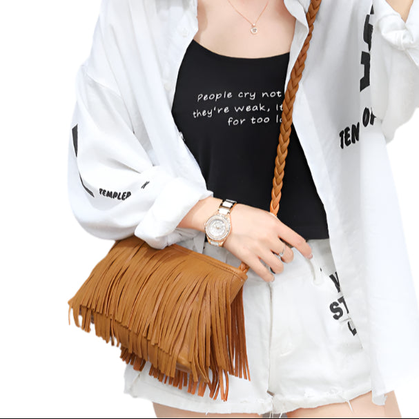 PU Leather Hand Woven Fringe Bag