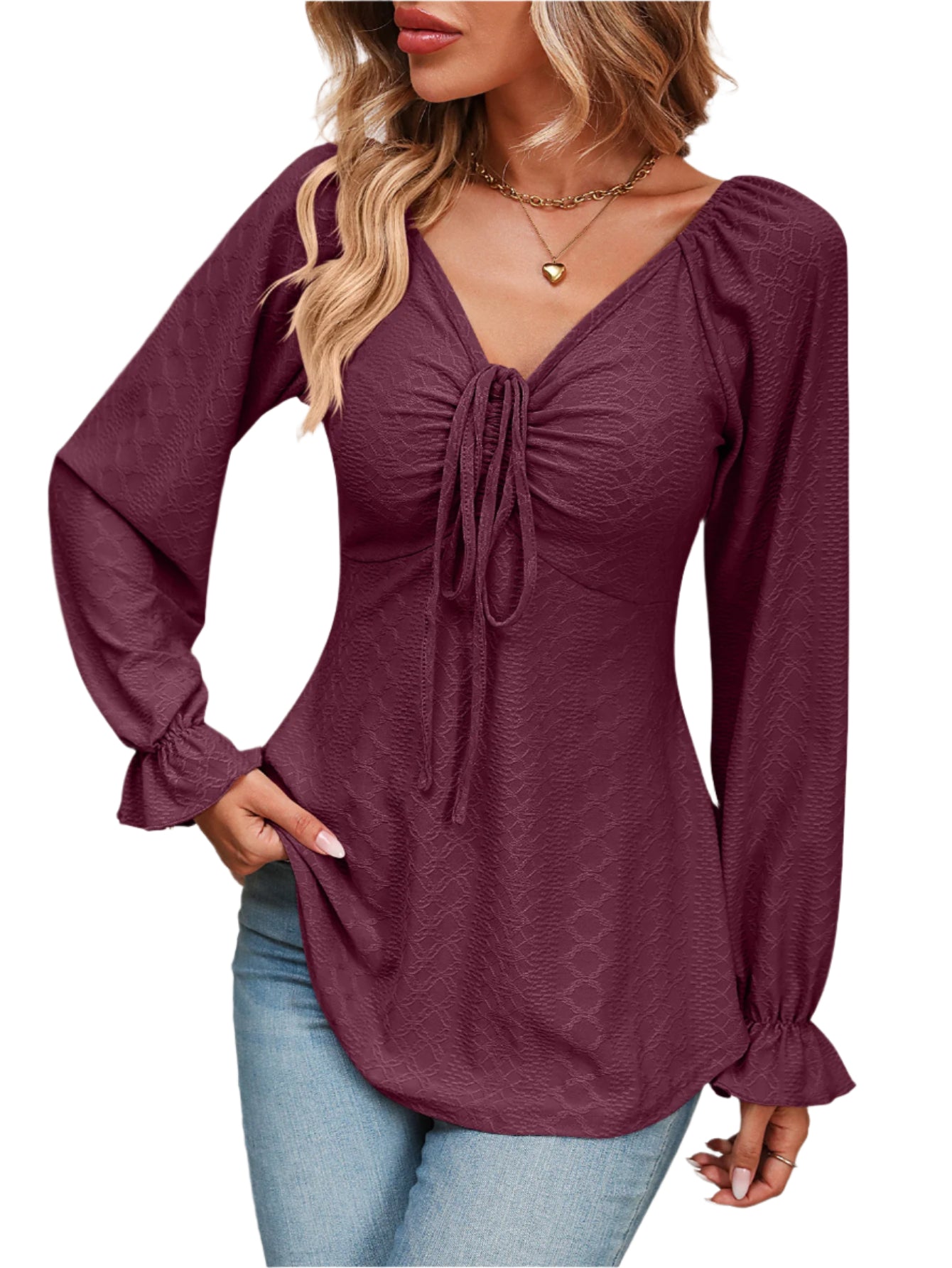 Mandy Tie Front V-Neck Puff Sleeve Blouse