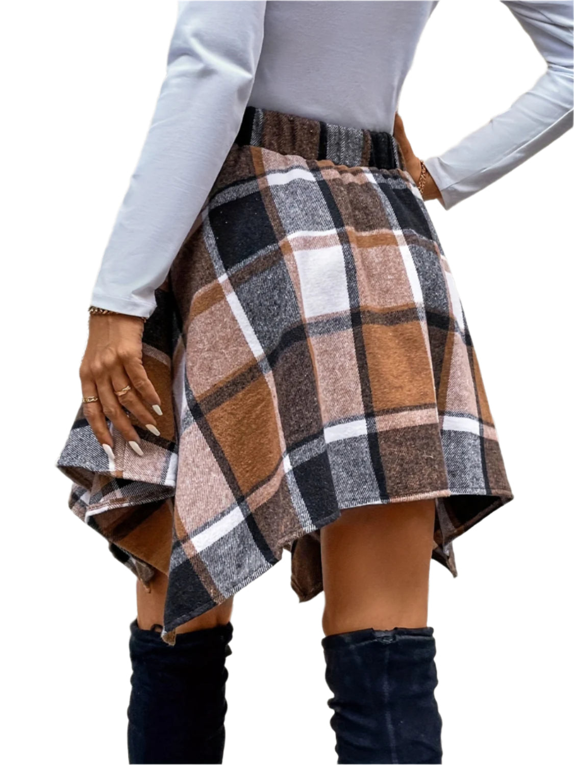 Tied Plaid Asymmetrical Hem Skirt