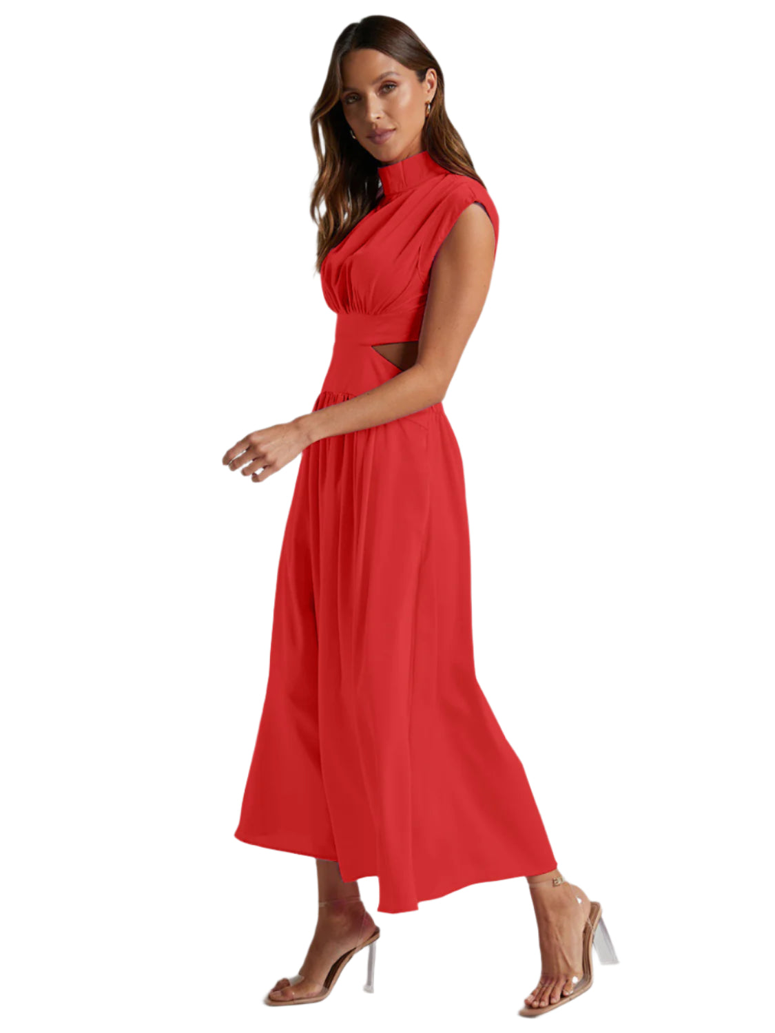 Cutout Mock Neck Sleeveless Ruched Dress