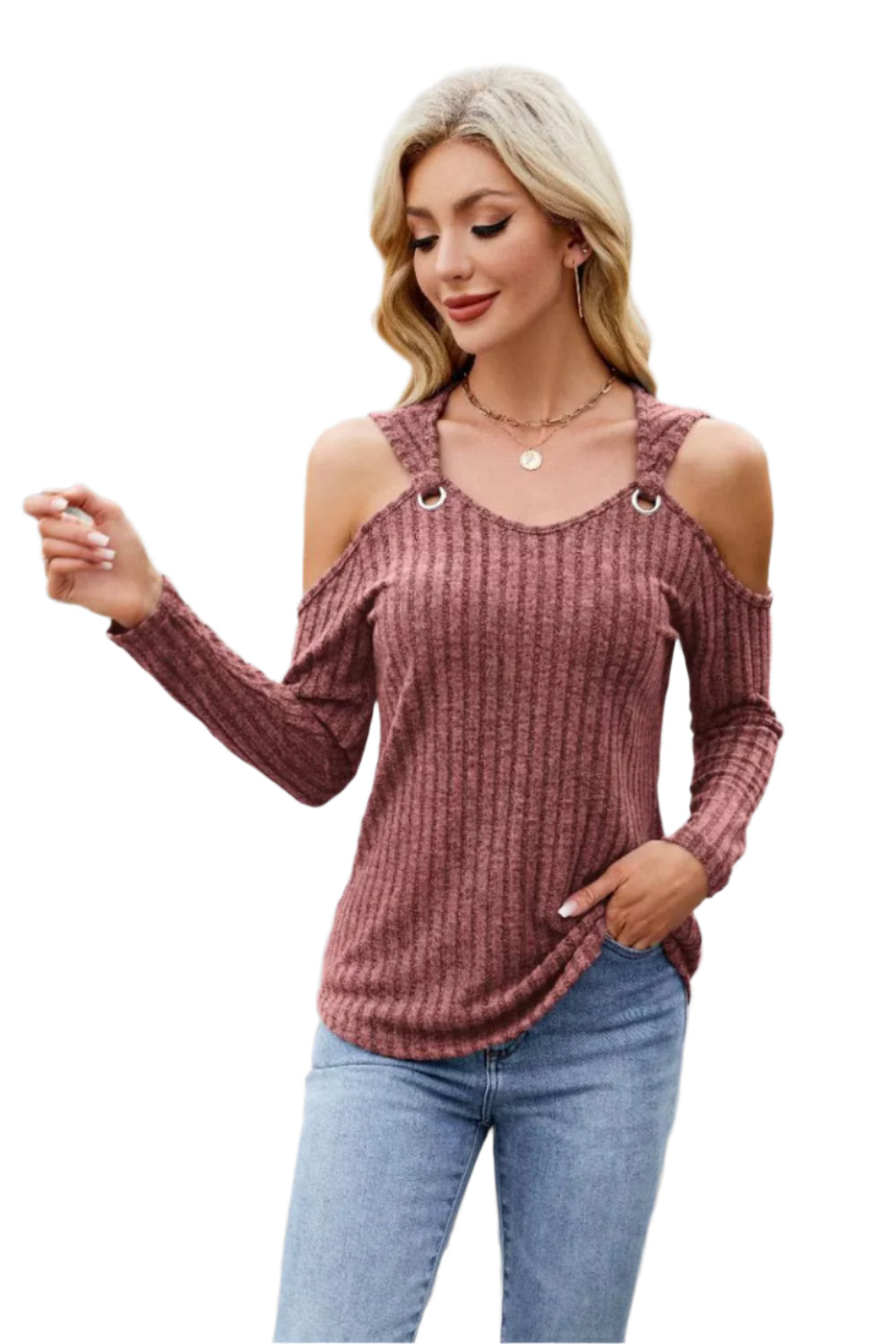 Ribbed Cold Shoulder Long Sleeve Top