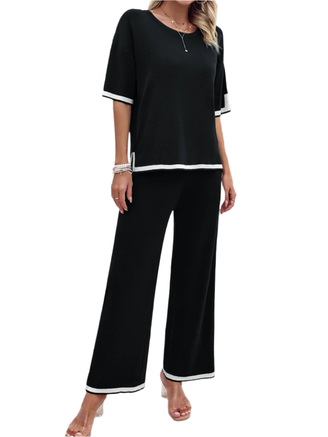 Devine Contrast Trim Round Neck Top and Pants Set