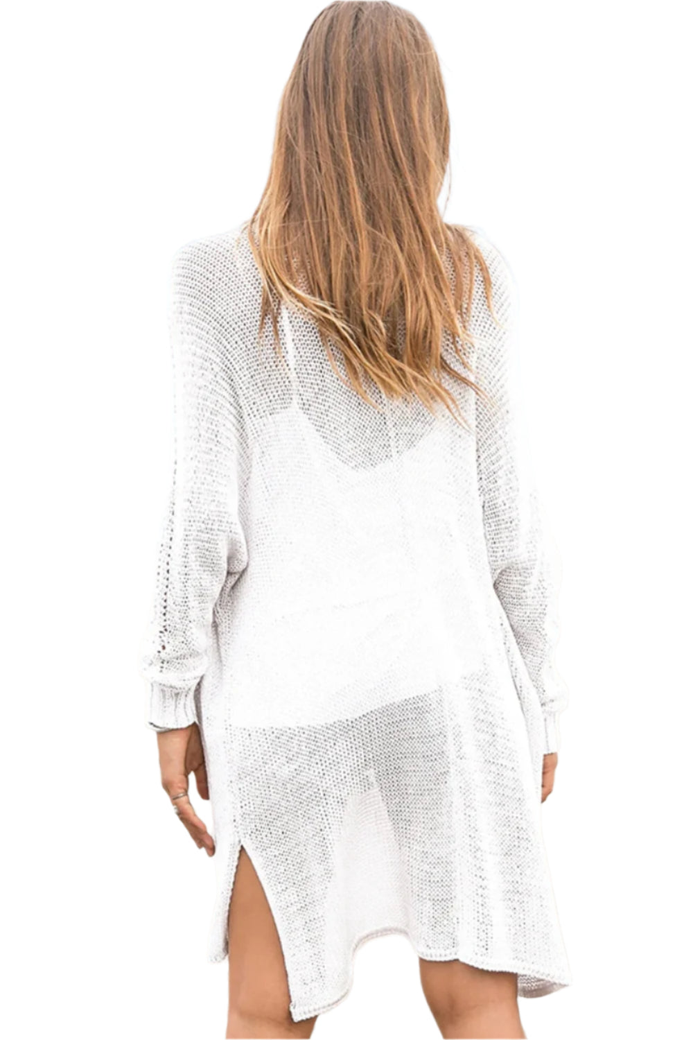Openwork Side Slit Open Front Long Sleeve Cardigan