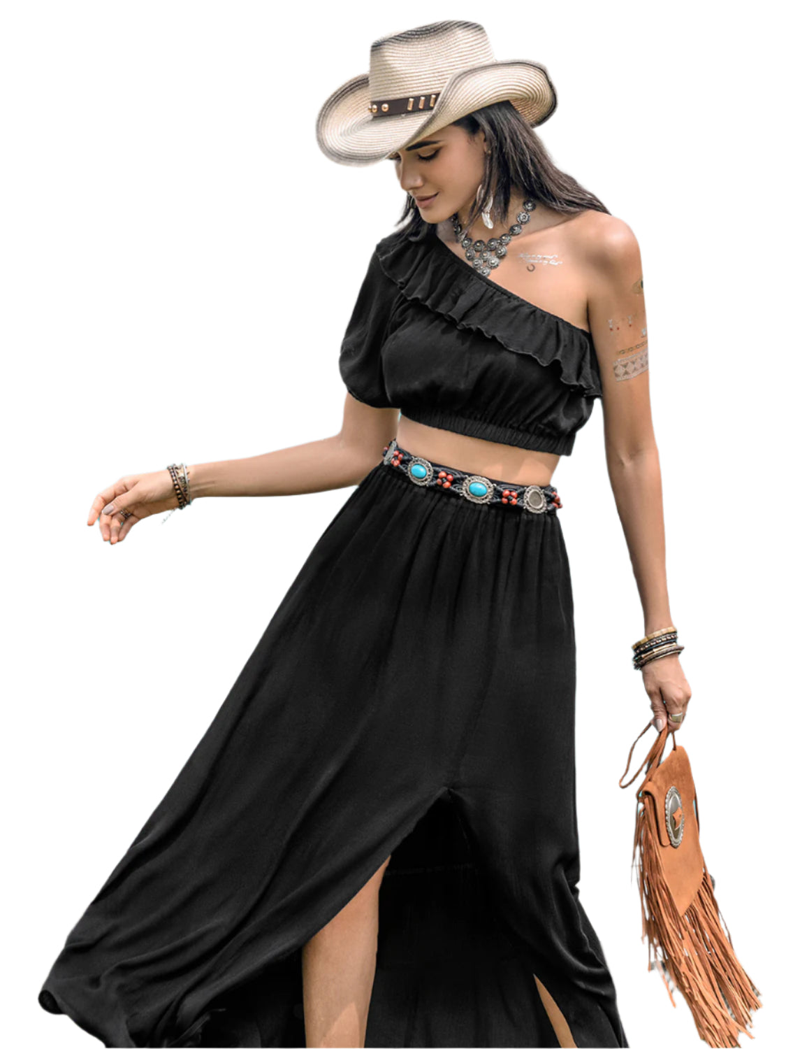 Ruffled Single Shoulder Top and Slit Skirt Set